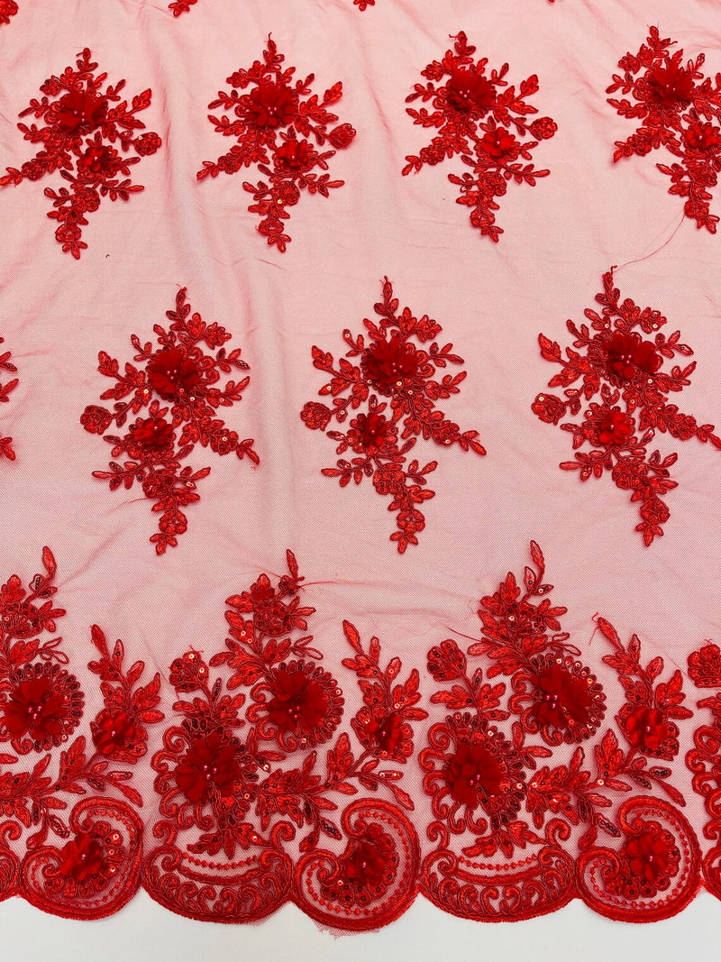 3D Floral Fabric with Floral Border - Red - Embroidered Floral Fabric with Sequin and Beads By Yard