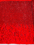 Feather Sequin Velvet Fabric - Red - 5mm Sequins Velvet 2 Way Stretch 58/60" Fabric By Yard