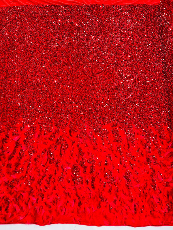 Feather Sequin Velvet Fabric - Red - 5mm Sequins Velvet 2 Way Stretch 58/60" Fabric By Yard