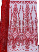 Beaded Lines Fabric - Red - Luxury Beads and Sequins Line Design Fabric By Yard