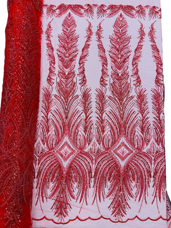 Beaded Lines Fabric - Red - Luxury Beads and Sequins Line Design Fabric By Yard