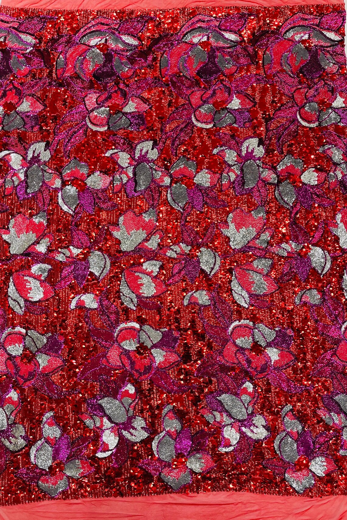 Orchid Design Sequins - Red - 4 Way Stretch Full Sequins Floral Design Mesh Fabric By Yard
