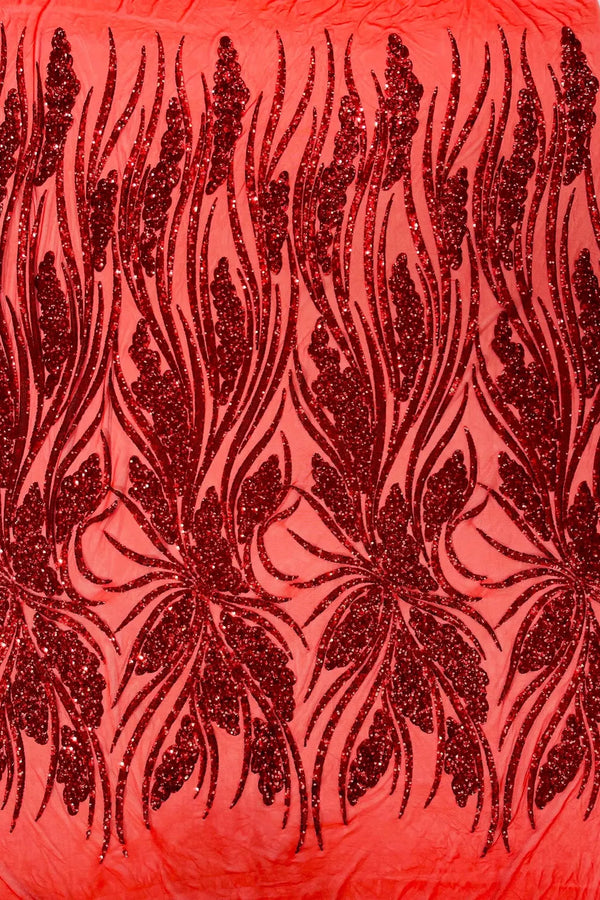 Wavy Leaf Sequins Fabric - Red - Wavy Lines and Leaves Design on Lace Mesh Fabric by Yard