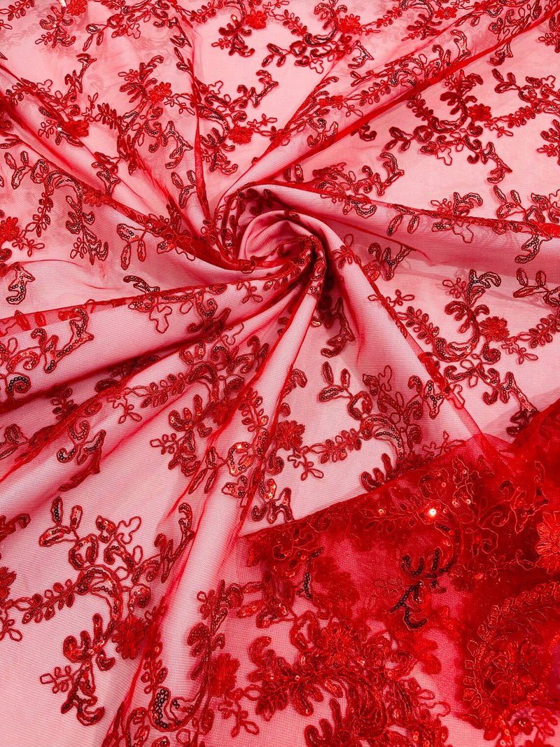 Floral Sequins Lace Fabric - Red - Embroidery Flower Clusters Design with Shiny Sequins  Fabric Sold By Yard