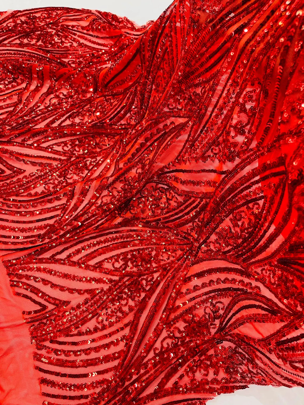 Curvy Line Design Fabric - Red - 4 Way Stretch Sequins Design Mesh Lace Fabric by Yard