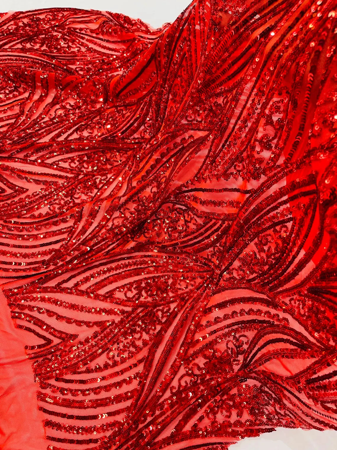 Curvy Line Design Fabric - Red - 4 Way Stretch Sequins Design Mesh Lace Fabric by Yard
