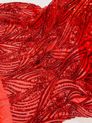 Curvy Line Design Fabric - Red - 4 Way Stretch Sequins Design Mesh Lace Fabric by Yard