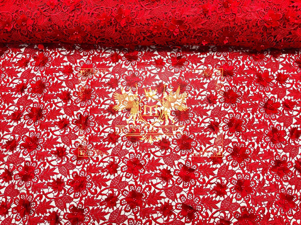 Guipure Floral Lace Fabric - Red - Floral Pearls Guipure Fabric Sold By Yard