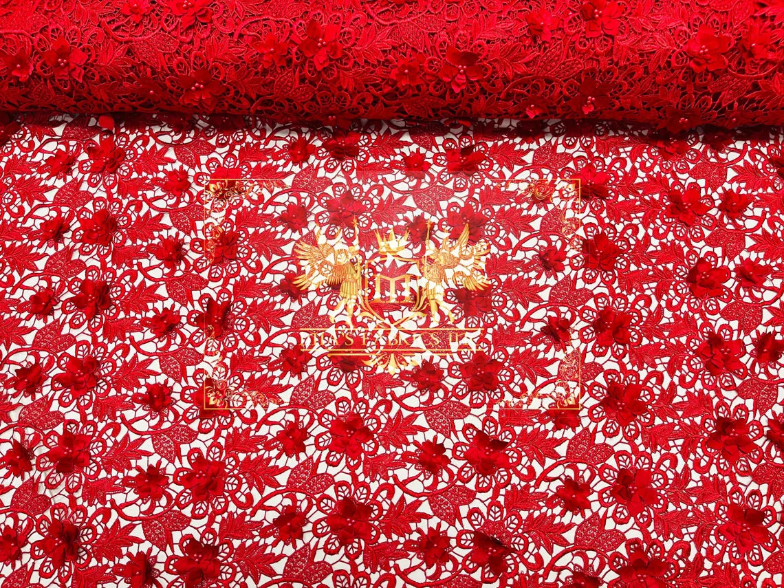 Guipure Floral Lace Fabric - Red - Floral Pearls Guipure Fabric Sold By Yard