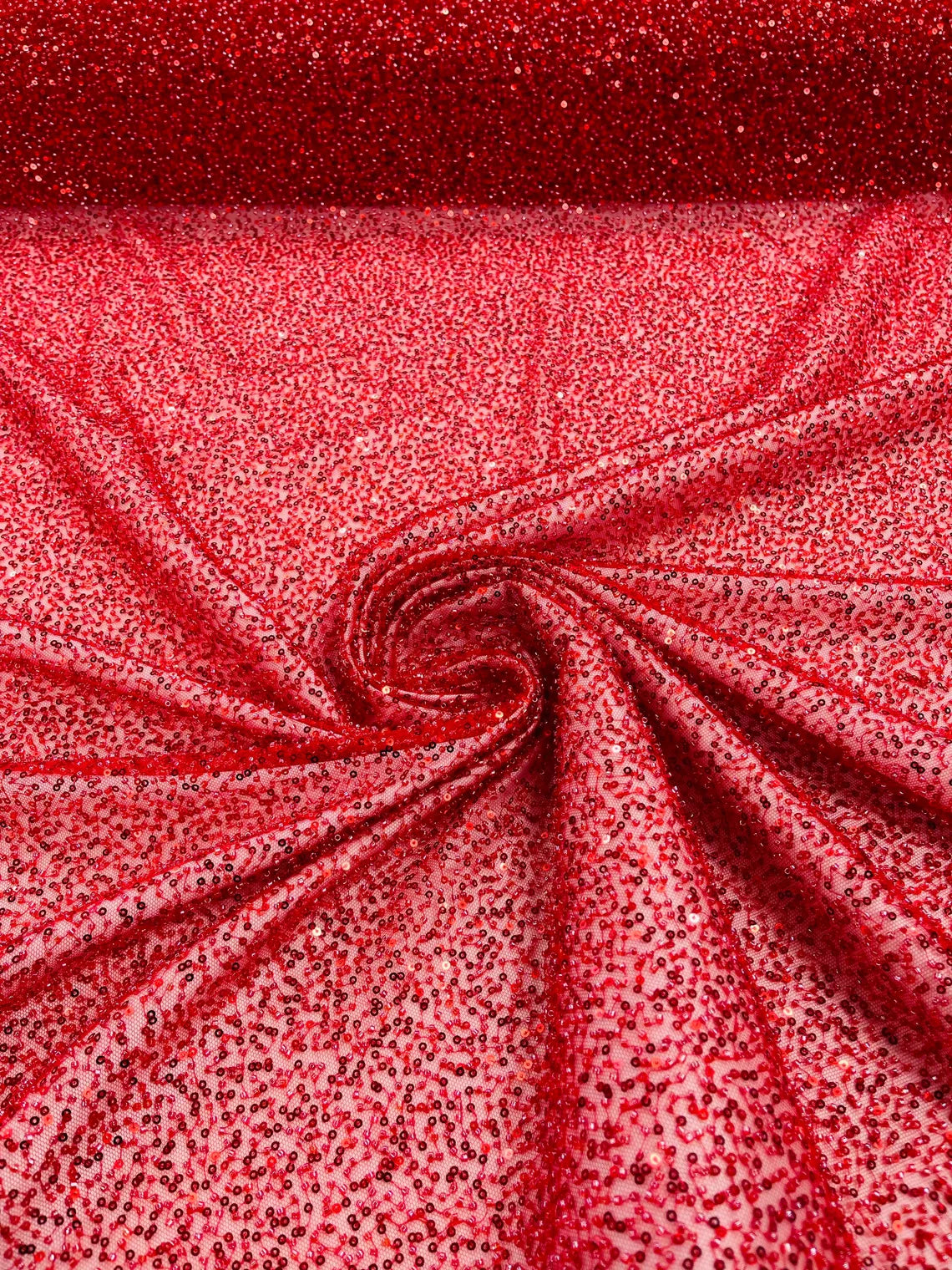 3D Beaded Lace Fabric - Red - Heavy Embroidery Handmade Lace, Beaded Fabric By Yard