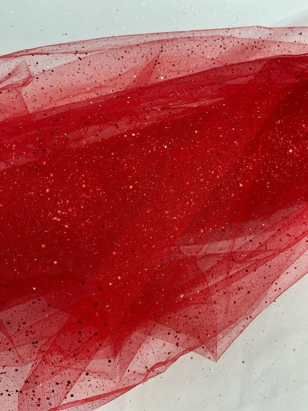 Sparkling Glitter Tulle Fabric - Red - Sparkling Glitter Tulle Mesh Fabric Sold By Yard