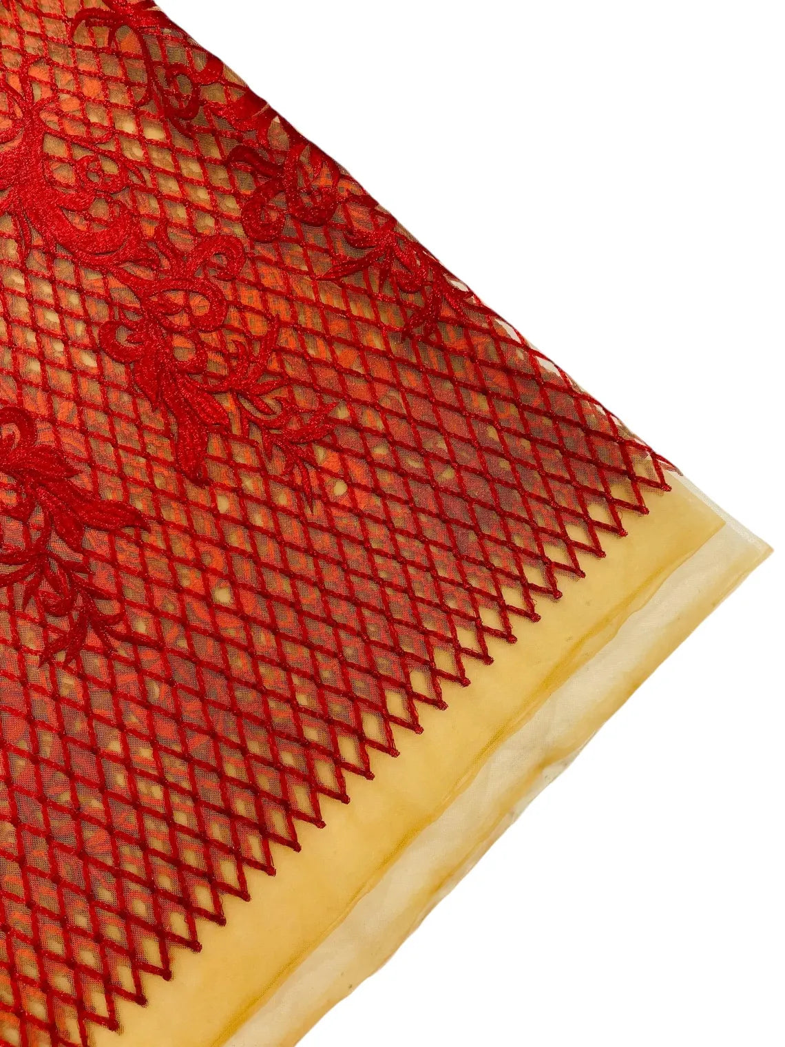 Damask on Net Lace Fabric - Red - Embroidered Lace Mesh Damask Design Fabric by Yard