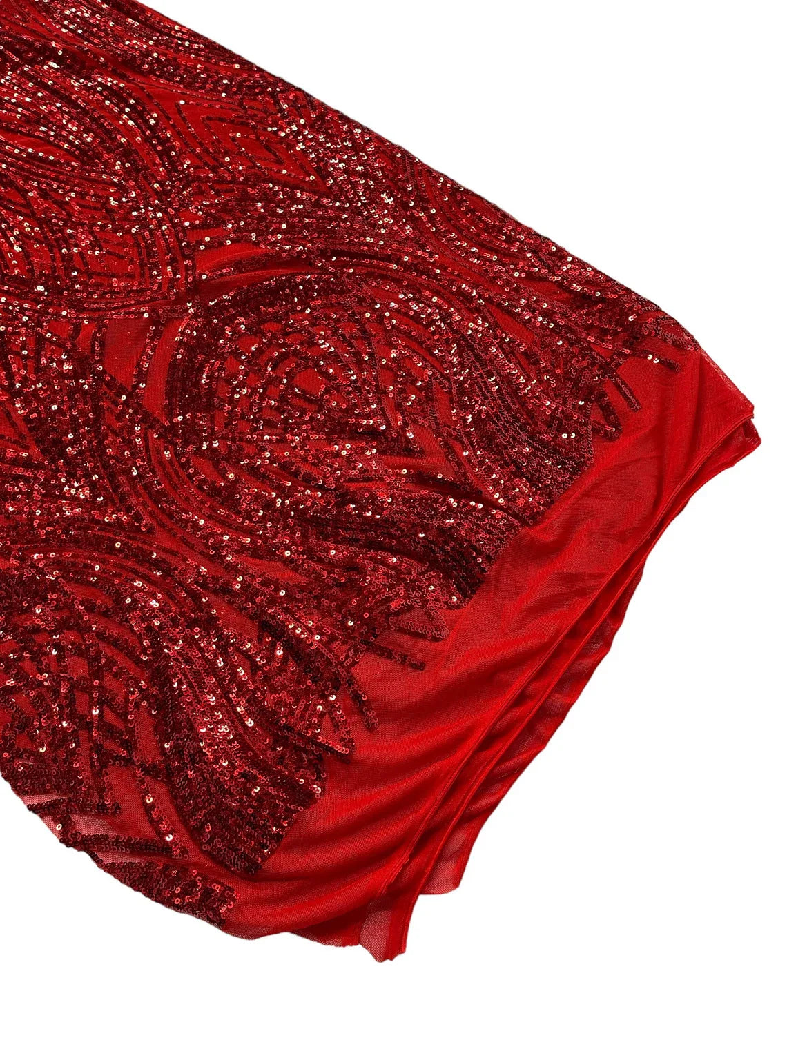 Long Wavy Pattern Sequins - Red - 4 Way Stretch Sequins Fabric Line Design By Yard