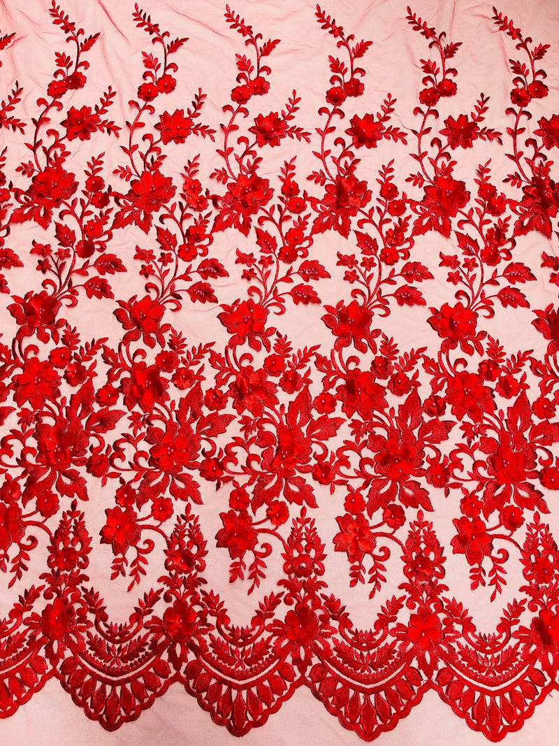 3D Scalloped Border Fabric - Red - 3D Flowers Embroidered on Lace Sold By Yard