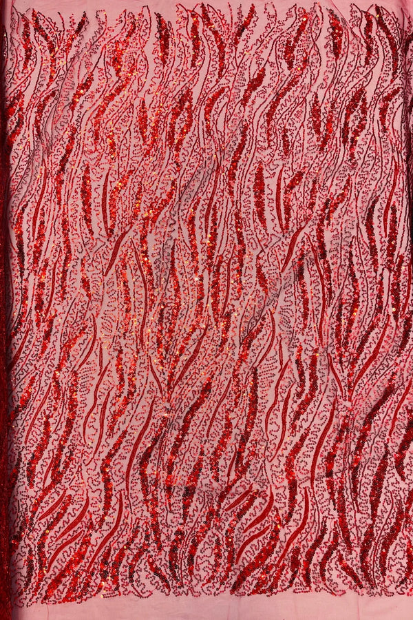 Wavy Design Beaded Fabric - Red - Beaded Wavy Leaf Embroidered Fabric By Yard