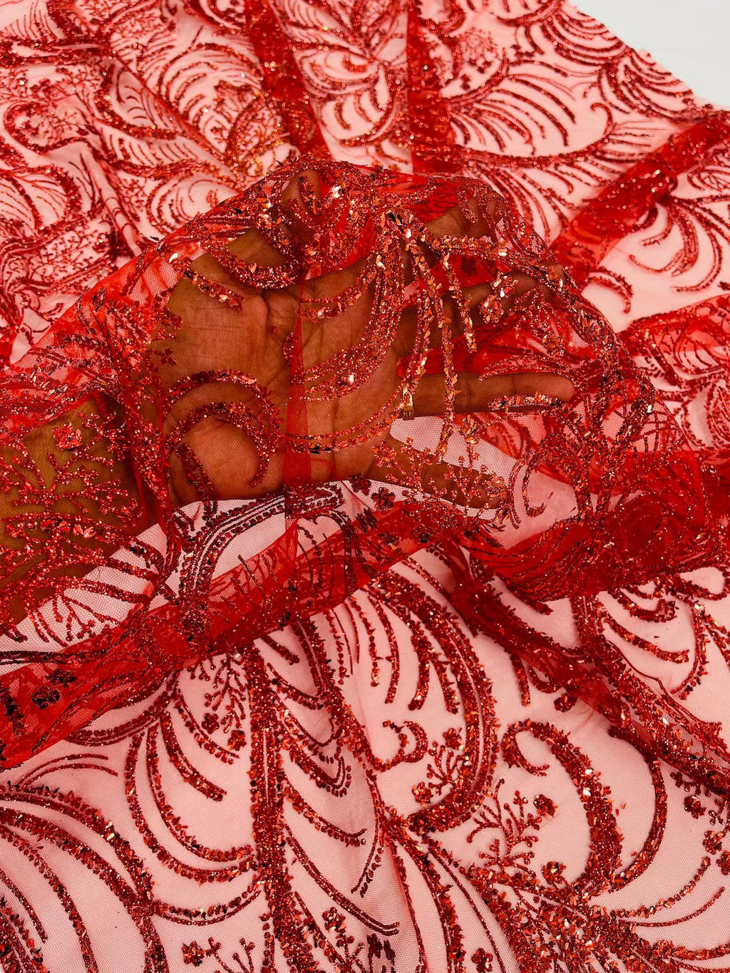 Glitter Palm Leaf Design Fabric - Red - Tulle Mesh Glitter Leaf Design Fabric Sold By Yard