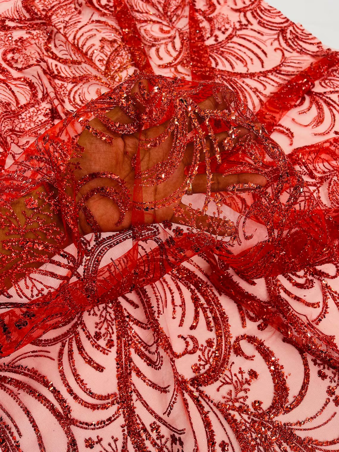 Glitter Palm Leaf Design Fabric - Red - Tulle Mesh Glitter Leaf Design Fabric Sold By Yard