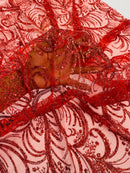 Glitter Palm Leaf Design Fabric - Red - Tulle Mesh Glitter Leaf Design Fabric Sold By Yard