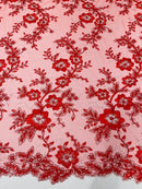 Two Tone Lace Floral Fabric - Red - Embroidered Flower Designs with Sequins on Lace Fabric Sold By Yard