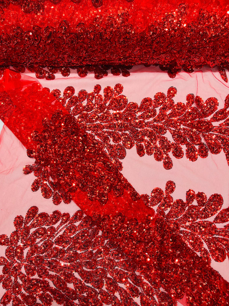 3D Beaded Peacock Feathers - Red - Sequins Embroidered Beaded Vegas Design On a Mesh Lace Fabric (Choose The Panels)