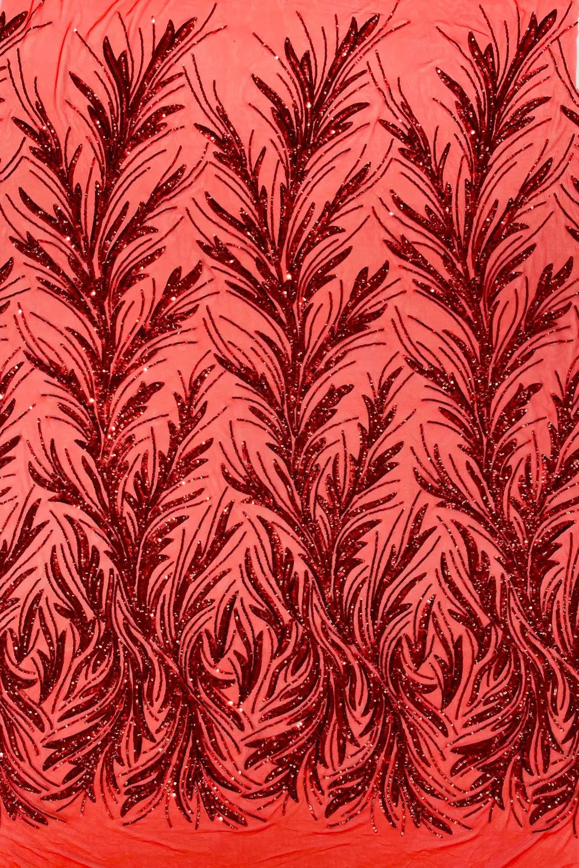 Leaf Design Stretch Sequins - Red - 4 Way Stretch Lace Mesh Sequins Fabric by Yard