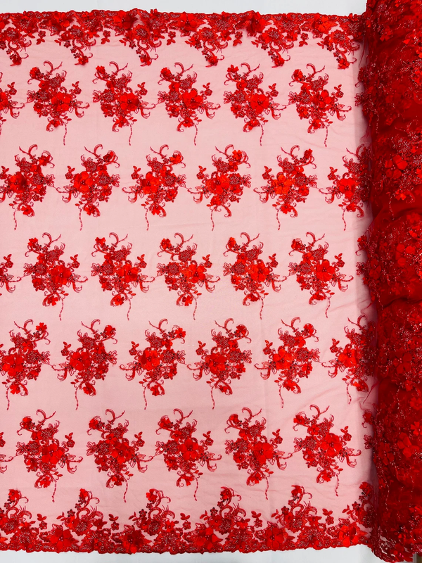 3D Flower Sequins Design - Red - Embroidered Pearl Sequins Floral Clusters Lace Fabric By Yard