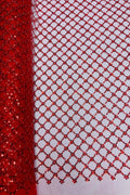 Beaded Diamond Net Fabric - Red - Embroidered Geometric Beaded Sequins Fabric Sold By Yard