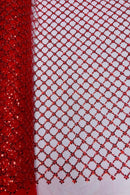 Beaded Diamond Net Fabric - Red - Embroidered Geometric Beaded Sequins Fabric Sold By Yard