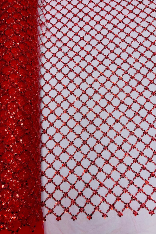 Beaded Diamond Net Fabric - Red - Embroidered Geometric Beaded Sequins Fabric Sold By Yard