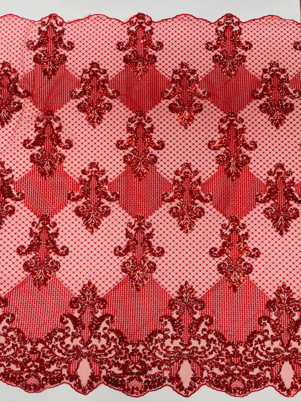 King Damask Design Fabric - Red - Embroidered Corded Mesh Lace Fabric with Sequins By Yard