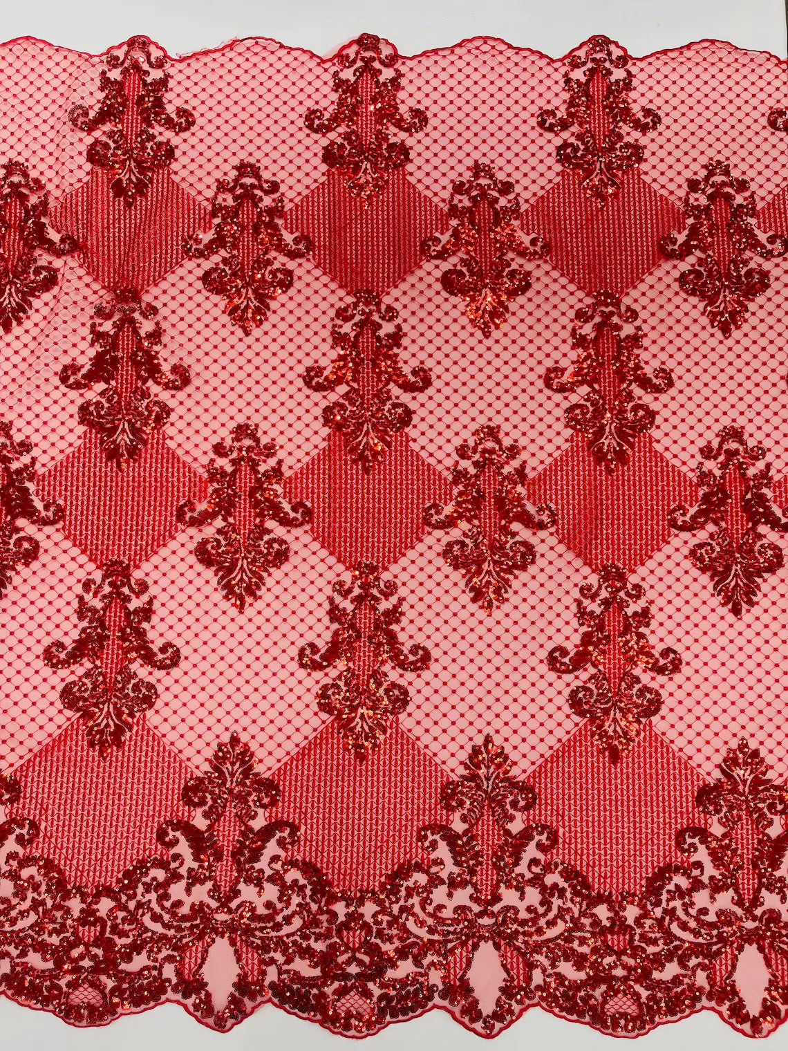 King Damask Design Fabric - Red - Embroidered Corded Mesh Lace Fabric with Sequins By Yard