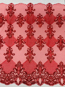 King Damask Design Fabric - Red - Embroidered Corded Mesh Lace Fabric with Sequins By Yard