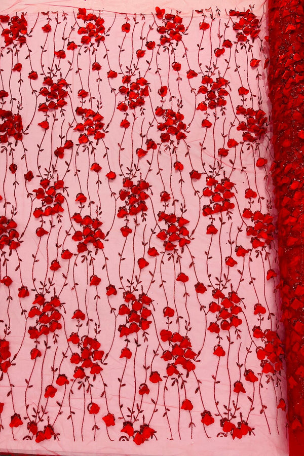 3D Glitter Floral Fabric - Red - 3D Flowers with Sequins and Glitter on Mesh Sold By Yard