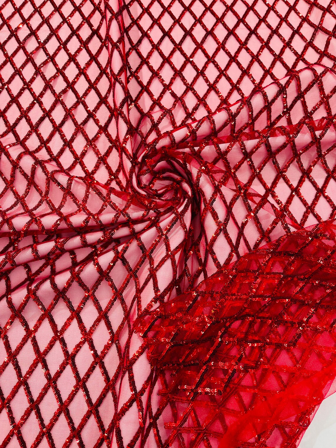 Diamond Sequins Fabric - Purple - Diamond Geometric Net Design on Mesh Lace Fabric By Yard