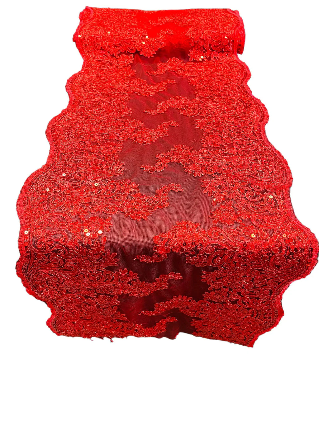 14" Metallic Floral Design Lace Table Runner - Red - Event Table Decor Runner Sold By Yard