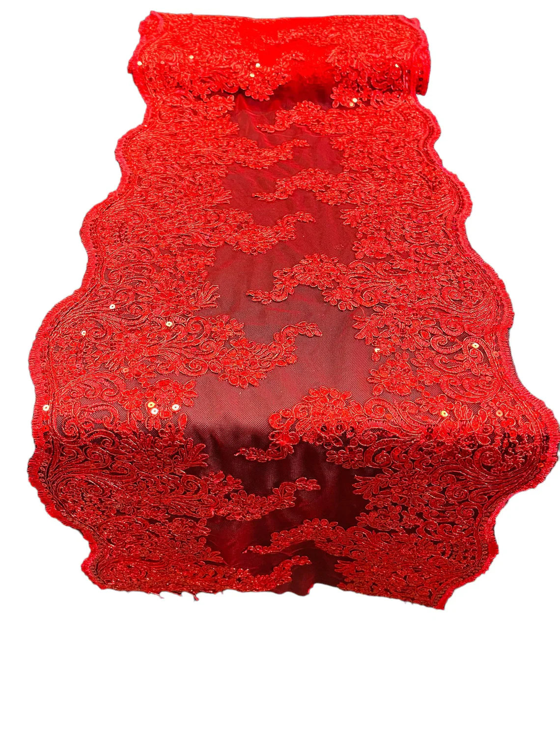 14" Metallic Floral Design Lace Table Runner - Red - Event Table Decor Runner Sold By Yard