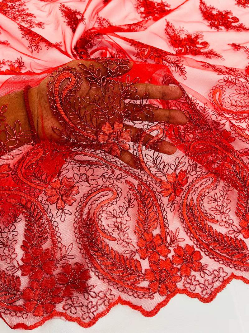 Metallic Corded Lace - Red - Paisley Floral Fabric with Metallic Thread on a Mesh Lace By Yard