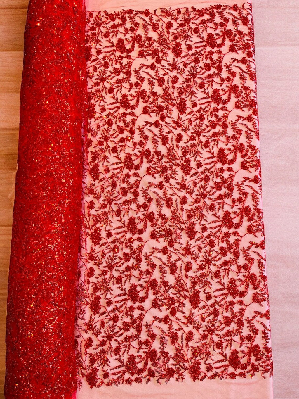 Beaded Floral Plant Design - Red - Embroidered Beaded Flower Plants Sequins Fabric By Yard