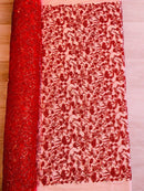 Beaded Floral Plant Design - Red - Embroidered Beaded Flower Plants Sequins Fabric By Yard