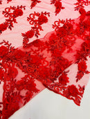 3D Flower Cluster Fabric - Red - 3D Flower Leaf Design Fabric with Pearls Sold By Yard