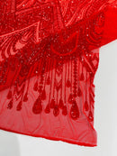 Zig Zag Design Sequins - Red - 4 Way Stretch Embroidered Zig Zag Sequins Lace Fabric By The Yard