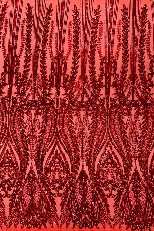 Mermaid Design Sequins Fabric - Red - Sequins Fabric 4 Way Stretch on Mesh By Yard