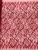 Wavy Leaf / Floral Bead Fabric - Red - Beaded Rhinestone Embroidered on a Mesh By Yard