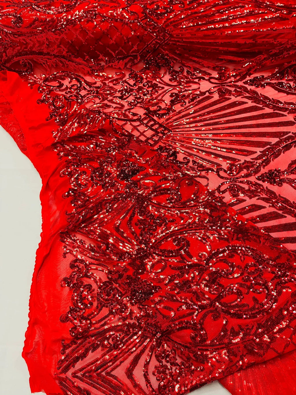 Damask Geometric Sequins - Red #2 - 4 Way Stretch Sequins Damask Pattern Design Sold By Yard
