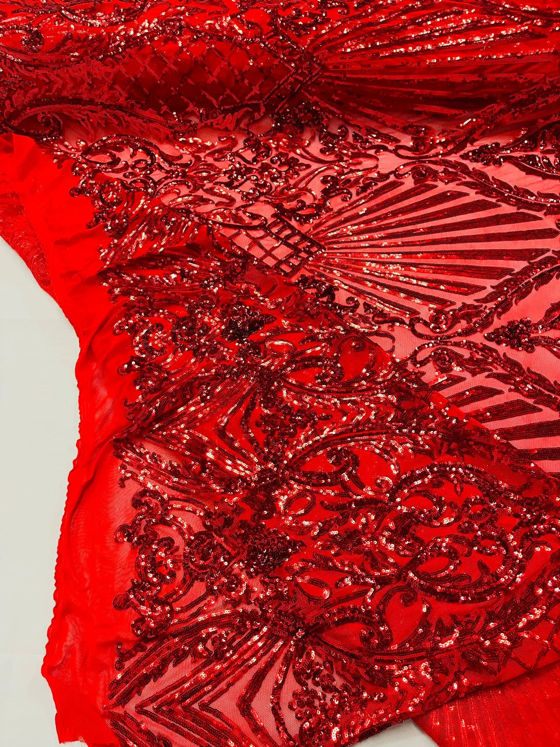 Damask Geometric Sequins - Red #2 - 4 Way Stretch Sequins Damask Pattern Design Sold By Yard