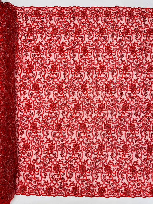 Embroidery Floral Bead Fabric - Red - Bridal Embroidery Beaded Floral  Fabric Sold by Yard