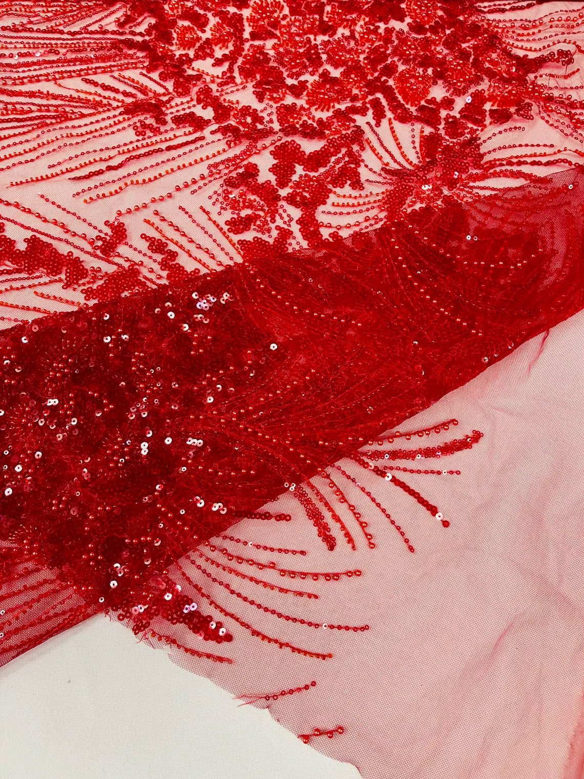 Beaded Floral Line Fabric - Red - Beaded Embroidered Lines and Flowers on Mesh By Yard