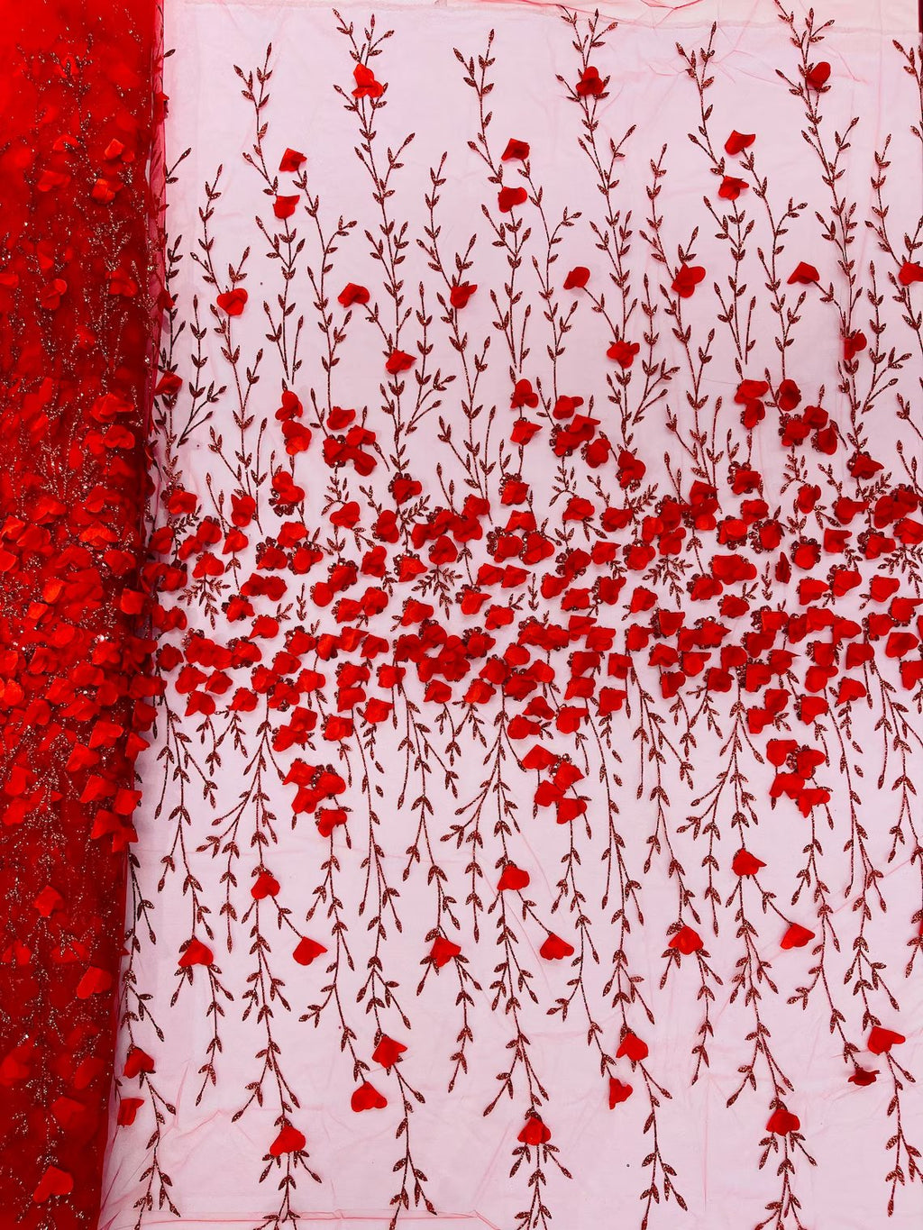 3D Flower Glitter Fabric - Red - Flower Design on Glitter Mesh Fabric Sold By Yard