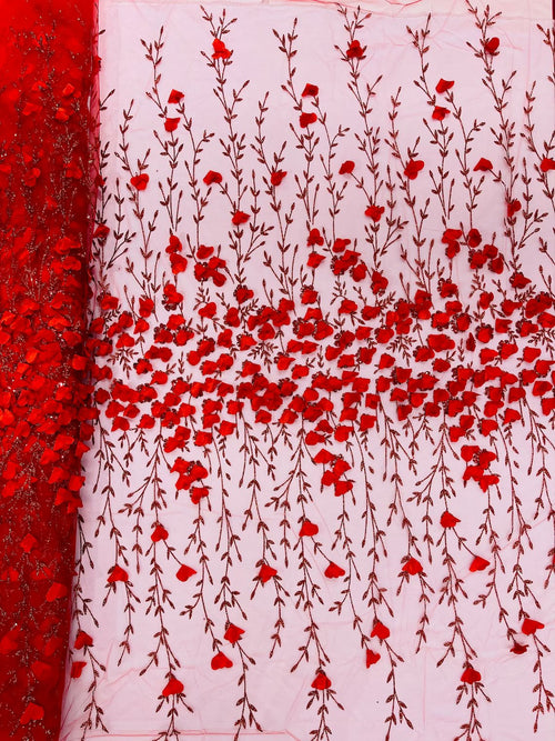 3D Flower Glitter Fabric - Red - Flower Design on Glitter Mesh Fabric Sold By Yard