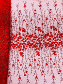 3D Flower Glitter Fabric - Red - Flower Design on Glitter Mesh Fabric Sold By Yard
